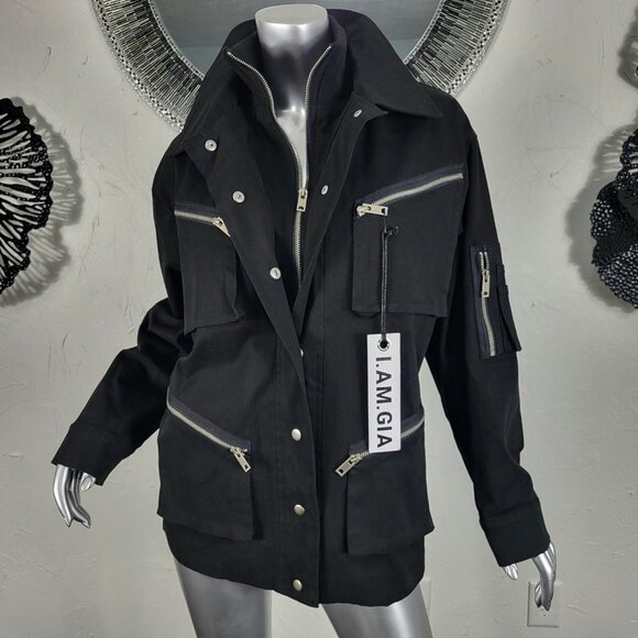 NWT~$295~I AM GIA~S/M~BLACK MILITARY UTILITY CARGO DENIM JEAN JACKET COAT - Picture 1 of 16